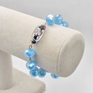 Vintage Sky Blue Faceted Crystal Bracelet with Millefiori Floral Focal Bead